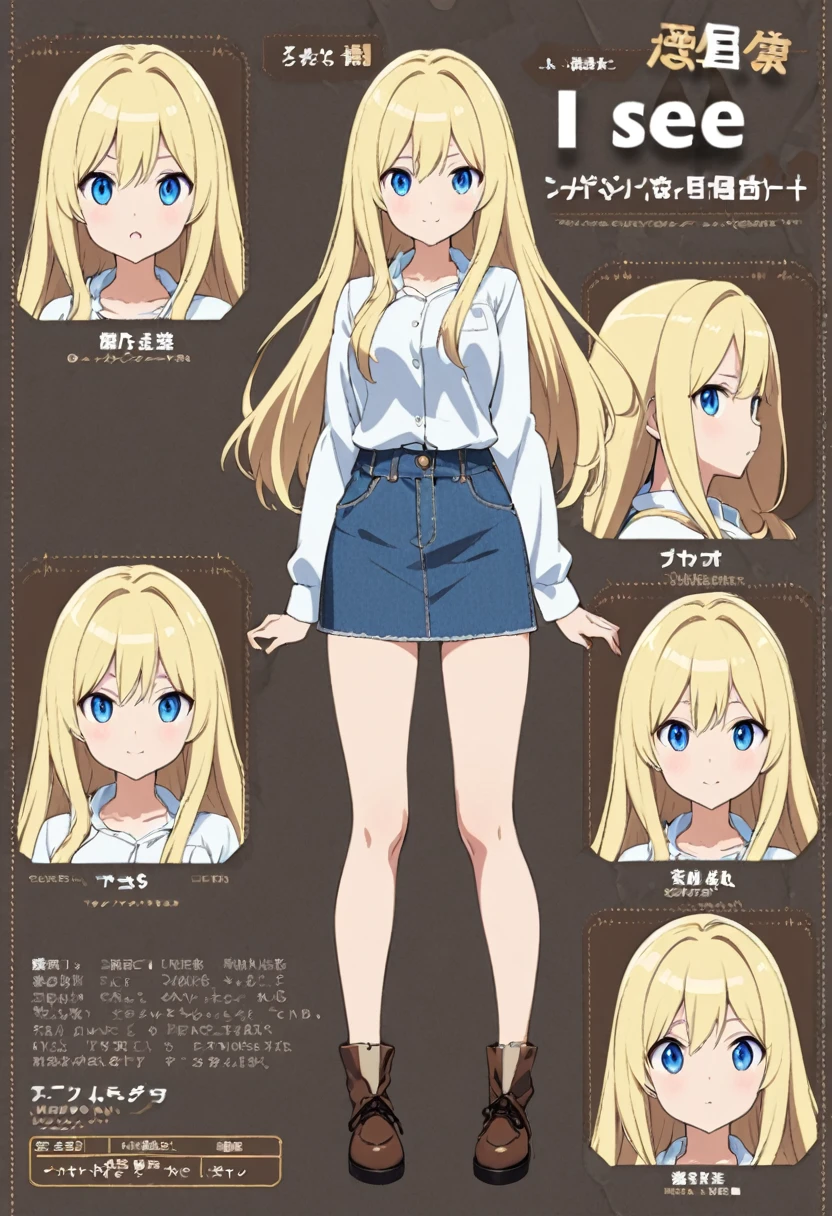 A character model sheet of a long-haired blonde girl from three angles、Denim jumper skirt、Brown shoes、blue eyes、I see a white shirt