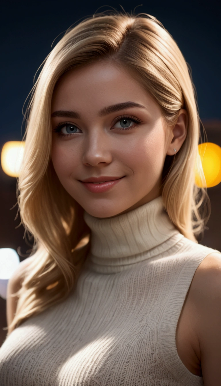 a naturally beautiful woman, in a yellow turtleneck sweater, perfect winter night, [candid:0.5, amateur:0.5], 8K, RAW, UHD, perfect face, stunning clear eyes, [perfect smile], (((close up)))