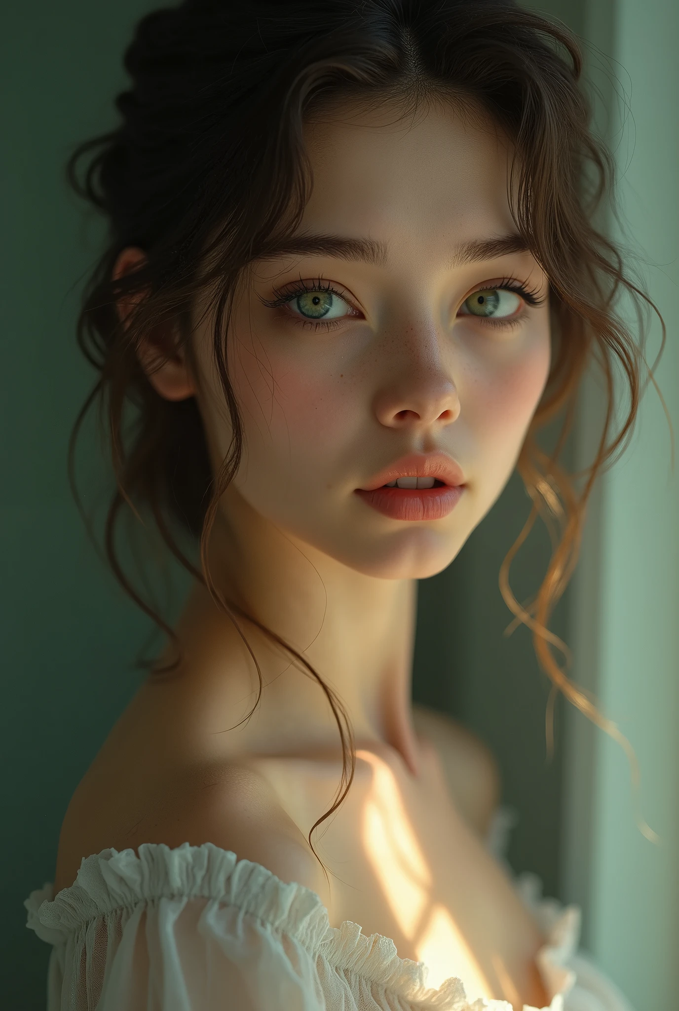 There is a woman with a white dress and a green eyes - SeaArt AI