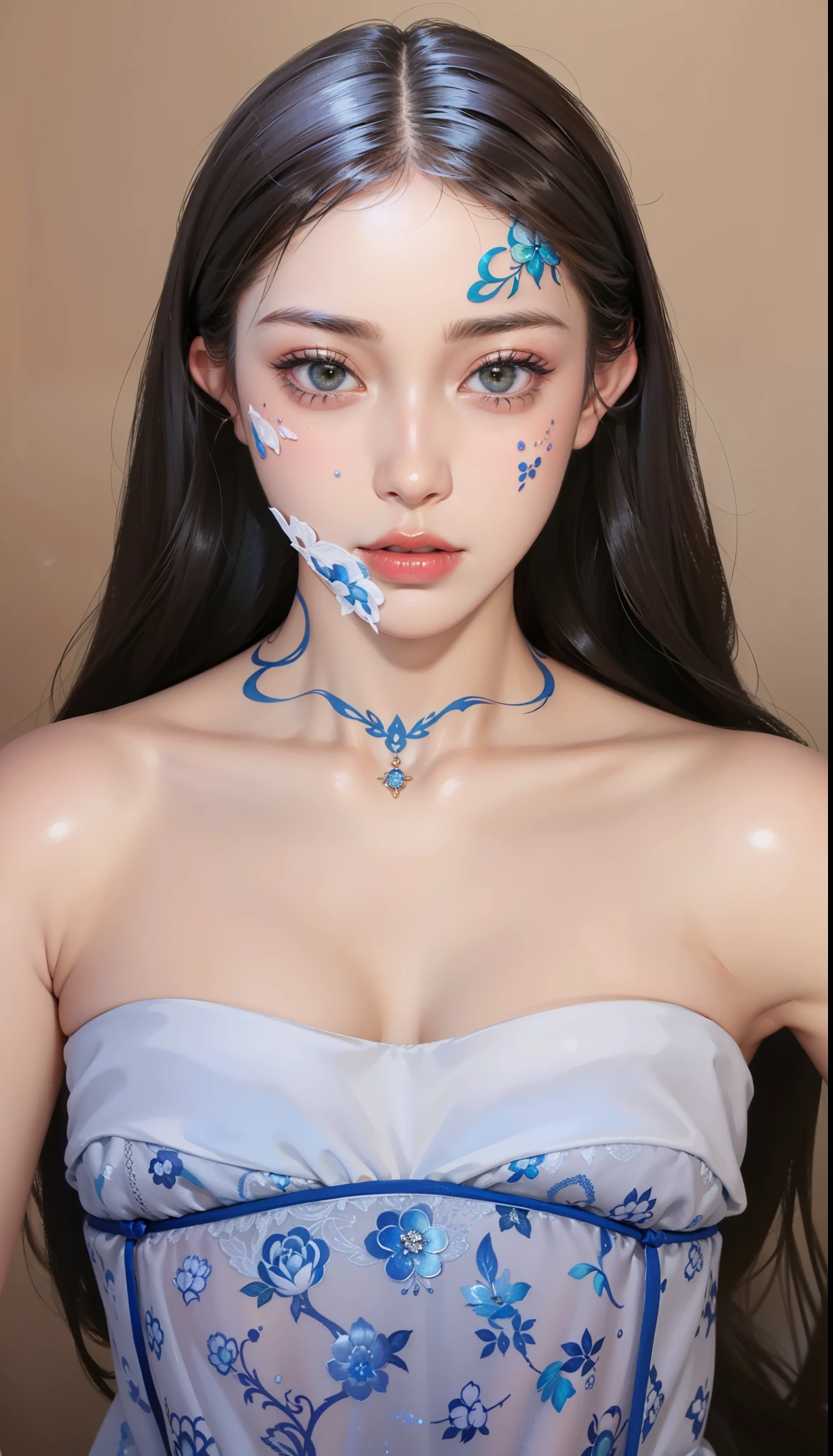 masterpiece, Highest quality, Very detailed, shape,(1 female),Beautiful attention to detail, View your viewers, close, (breast focus), (From above:1.1), Huge breasts, black tattoo, tattoo, chest tattoo, arm tattoo, rib tattoo, breast tattoo, cleavage tattoo, neck tattoo, shoulder tattoo, huge tattoo,(Small and beautiful nipples)