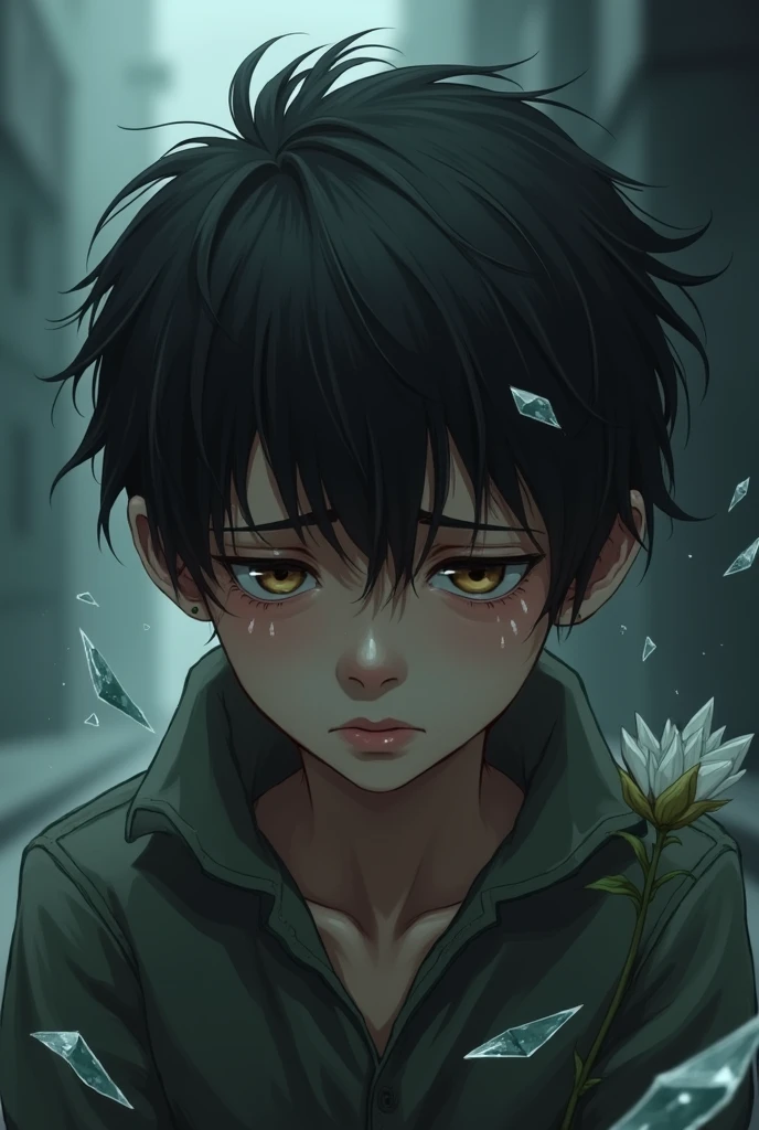 Cool guy、Brown eyes、I have an injury on my face、White shirt、Face close-up、Black Hair