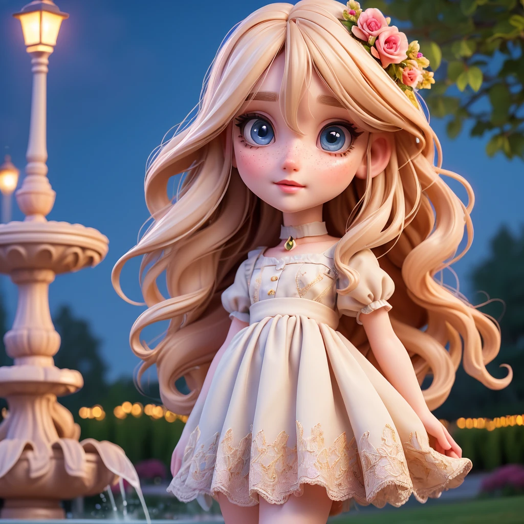 A pale-skinned girl with long blonde hair and bangs, freckles, and grey eyes, wearing a short white sundress with a choker, standing next to a fountain under a street lamp at night, open fields in the distant background,(best quality,4k,8k,highres,masterpiece:1.2),ultra-detailed,(realistic,photorealistic,photo-realistic:1.37),extremely detailed,beautiful detailed eyes,beautiful detailed lips,extremely detailed eyes and face,longeyelashes,1girl,night,fountain,street lamp,open fields,landscape,soft lighting,warm colors