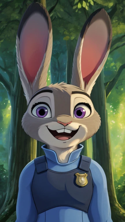 (furry female anthro, rabbit girl, solo), highly insanely detailed, masterpiece, top quality, best quality, highres, 4k, 8k, RAW photo),((innocent look)),((ghibli style)),From the front, symmetrical composition,smile,cute,Innocent,Kind eyes,Flat chest,digital art Style, forest, (judyhopps),front view, Upper body, rabbit ears, police uniform, (body fur:1.2), (detailed fluffy fur:1.1), looking at viewer, bulletproof vest,  smile, (buck teeth:1.2), open mouth, 