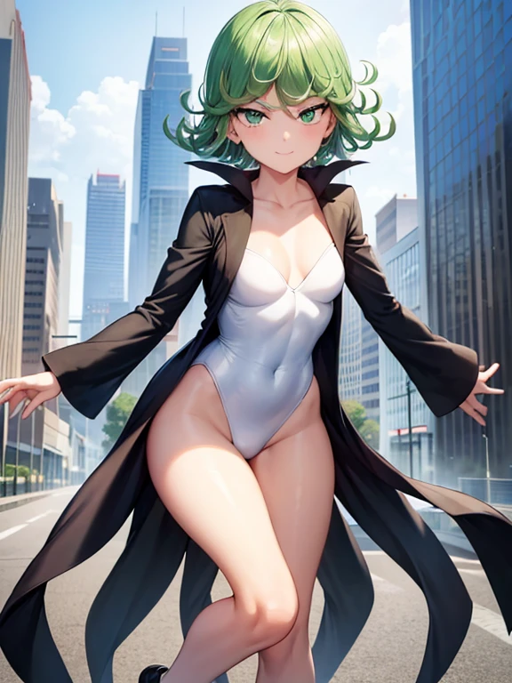 Tatsumaki , Dynamic positions have a golden part, fragile physique, Street, floats in the air, close up portrait, stands leaning towards the floor, beautiful , White Nurse's Coat, Short skirt, breasts fall out from under the robe, leans forward,  very erotic, arches in the back, Portrait of a girl, standing in a sexy pose, leans forward, beautiful фигура, buttocks, beautiful грудь, very sexy, the texture is very durable，The picture is very clear and concise，incredibly beautiful，Temperament elegant，in a spacious room, нежное выражение лица Tatsumaki из One Punch Man, short green hair, green eyes, , heels, full body view, smiling, dynamic pose, Tatsumaki из One Punch Man, short green hair, green eyes, ,dynamic view, (masterpiece, Best quality:1.2),