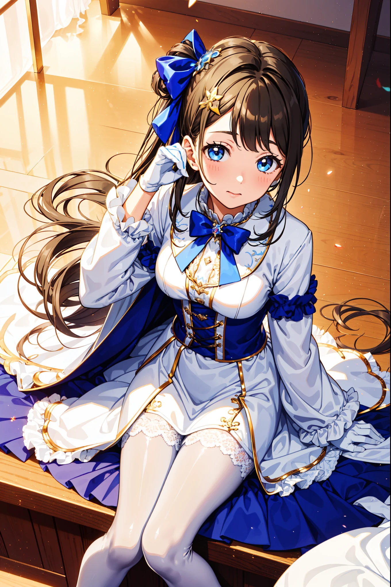 teens girl，seductiv，having fun，Being in love，(Girl wearing white modern shirt and tunic with pantyhose:1.2)，(Black ruffled bow gloves)，whaite hair</input></xml>，Sacred headdress，Transparent lace，exquisite costumes，solo person，European style bedroom，(natta:1.1)，Delicate and beautiful face，Play with dolls