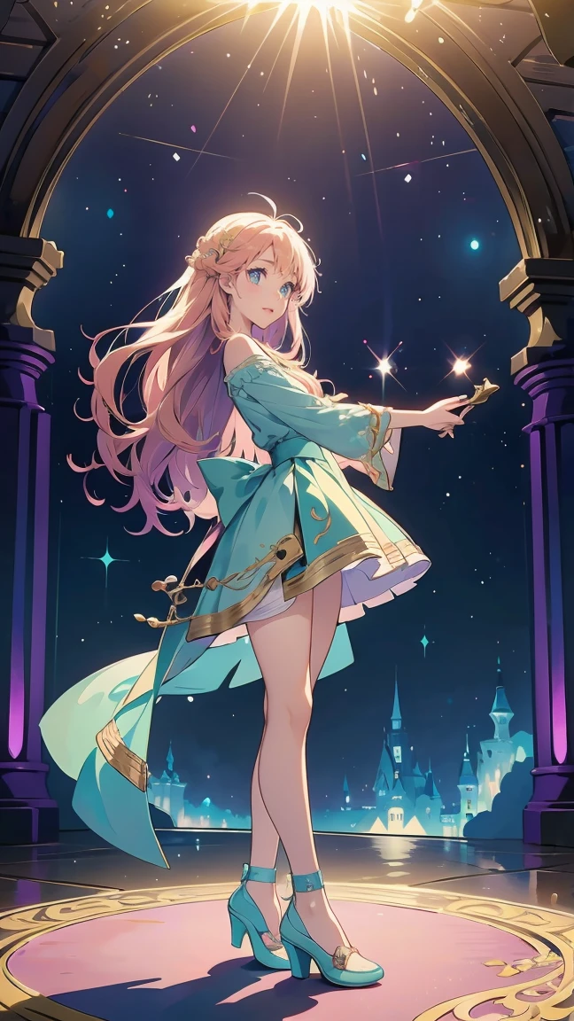 "Anime style digital fanart, set in a fantasy RPG setting, with a young bard as the main character. The girl is in a full body pose, front view, Emanating a combination of elegance and tenderness characteristic of the kawaii style. Wear a fluid and vibrant outfit, decorated with magical and musical symbols that glow softly, highlighting its connection with music and magic. Her long, wavy hair has pastel shades that reflect her cheerful personality.. The focal point of your outfit is your shoes.: delicate transparent crystal slippers with small heels, which give it an ethereal and fairy-tale appearance. The sneakers shine like glass, adding to the magical atmosphere of the stage. In one hand he holds a lute, ready to play a melody or cast a spell. Her large, expressive eyes convey confidence., as if he were about to perform a magic performance. The style mixes kawaii elements with traditional anime fantasy.."