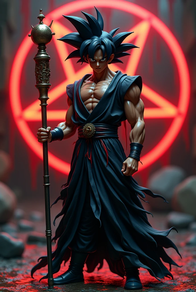 Goku all black with a black mallet in his hand 
