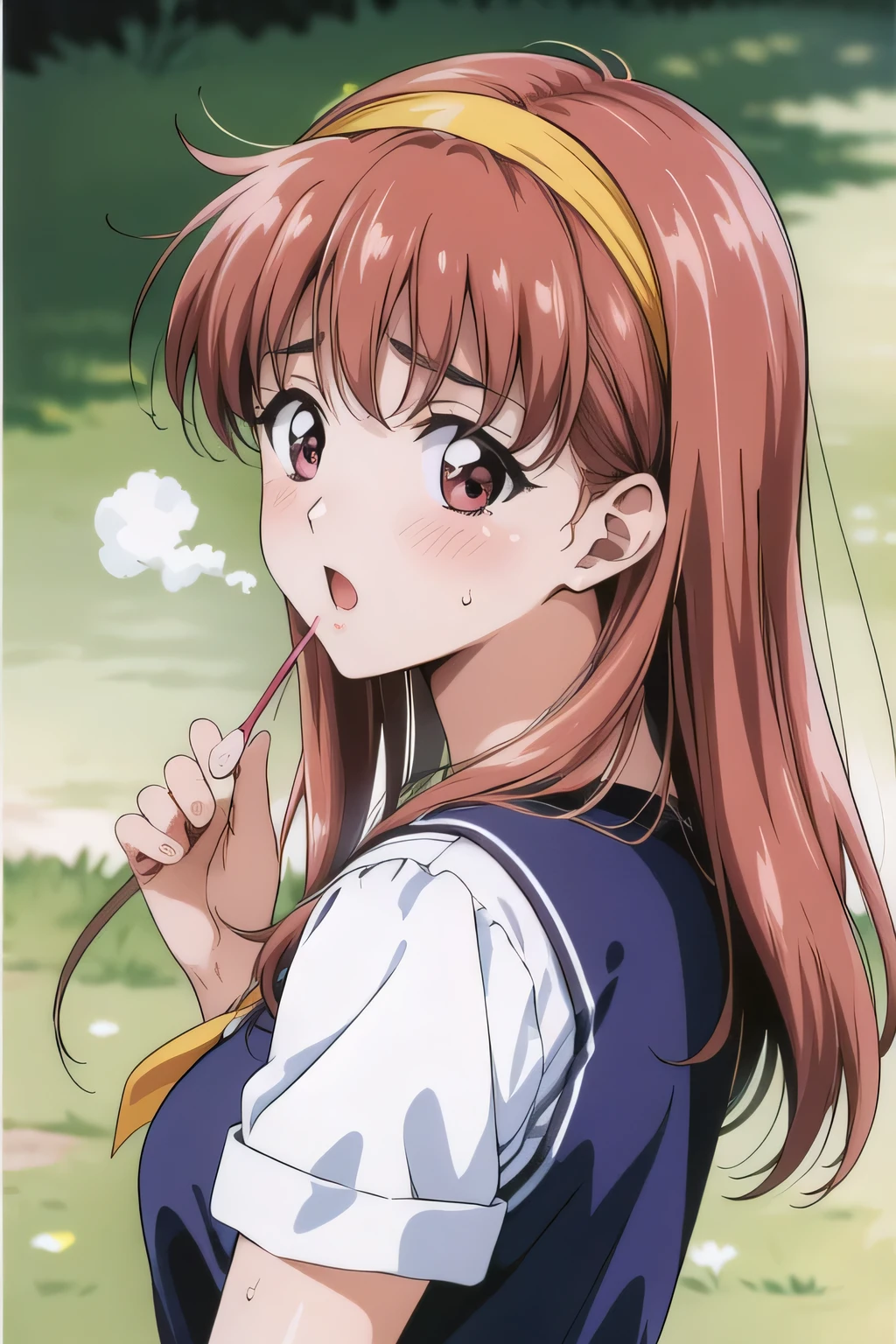 masterpiece, Best Quality, High resolution,Shiori Fujisaki　High school girl　 1990s \(style\),、、Sweating all over、vapor、Uniform　Yellow headband　　