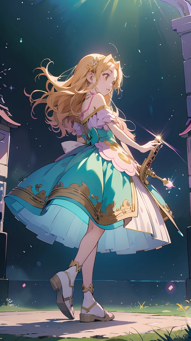 "Anime style digital fanart, set in a fantasy RPG setting, with a young bard as the main character. The girl is in a full body pose, front view, Emanating a combination of elegance and tenderness characteristic of the kawaii style. Wear a fluid and vibrant outfit, decorated with magical and musical symbols that glow softly, highlighting its connection with music and magic. Her long, wavy hair has pastel shades that reflect her cheerful personality.. The focal point of your outfit is your shoes.: delicate transparent crystal slippers with small heels, which give it an ethereal and fairy-tale appearance. The sneakers shine like glass, adding to the magical atmosphere of the stage. In one hand he holds a lute, ready to play a melody or cast a spell. Her large, expressive eyes convey confidence., as if he were about to perform a magic performance. The style mixes kawaii elements with traditional anime fantasy.."