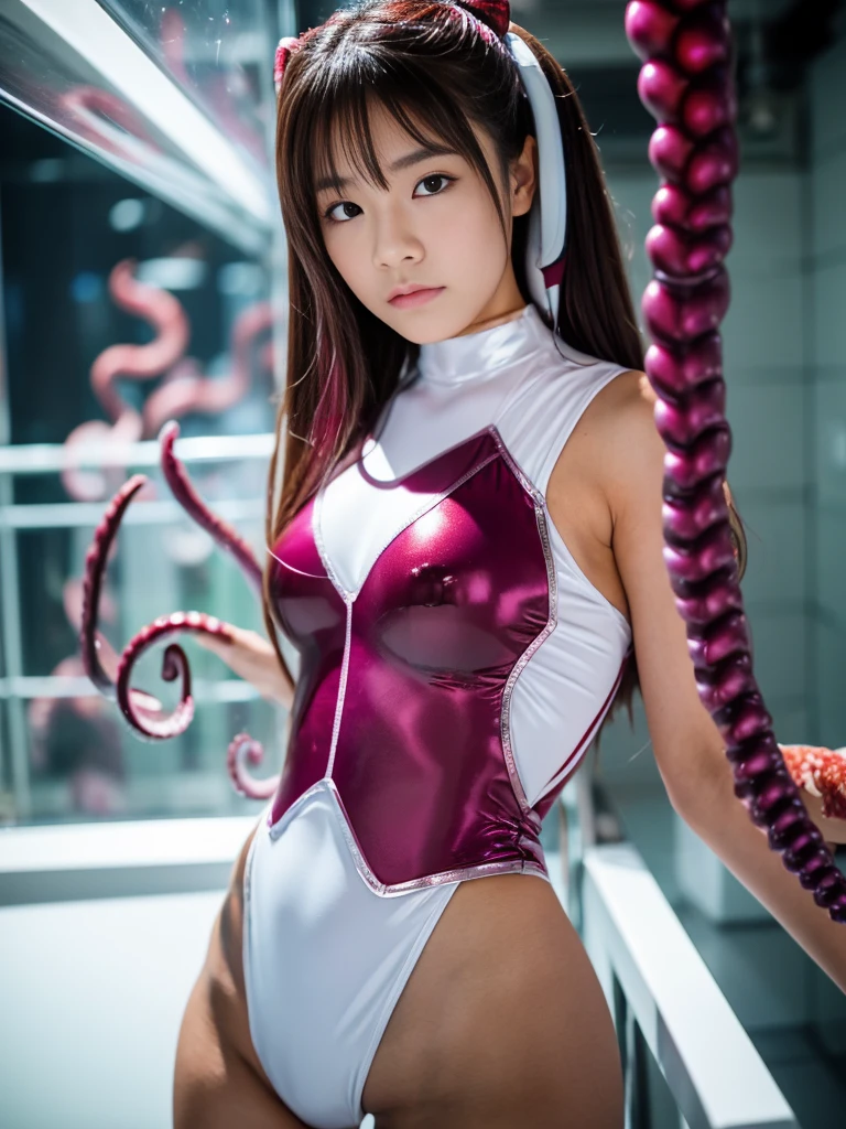 (Best Quality、8k、Masseter muscle area、Photorealistic、Full body Ezbian:1.1、Beautiful Japanese girl in her early teens、Hands)、(In a metallic magenta and white hero costume、Futuristic fit:1.2) 、（Very round body 1.1、Super Big 1.2）、Staring straight ahead、Angry expression、Being sexually attacked by tentacles、Being held captive by tentacles