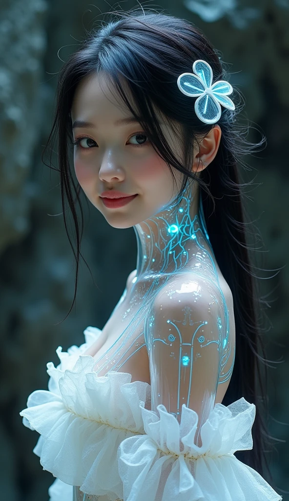 1girl in, surrealism, Verism, nffsw, ccurate, Anatomically correct, Textured skin, awardwinning, hight resolution, Super Detail, 8K,Pretty Face, Detailed face, Full body shot, perfectly proportions,Beautiful curvaceous,a wet body,Shy smile,(Depth Fields:1.3),cyan colors,