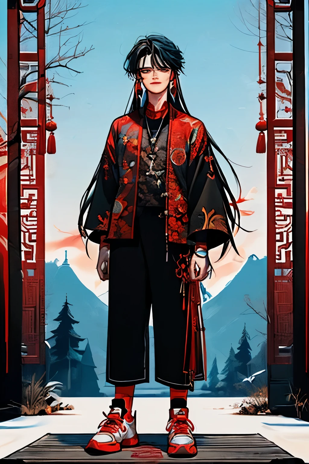 man ((young )) ((20 years)) ((amo)),((señor de spirits)), long hair ((negro )) baggy clothes, modern traditional style((Chinese style ))(modern)) ((red high top tennis shoes)) , ((blue and red eyes)) ((stopped ))((dynamic poses))full body ((Landscape of a quiet place)) ((forest landscape)) ((spirits)) ((smiling ))((half serious))((tattoos ))((earrings)) persings