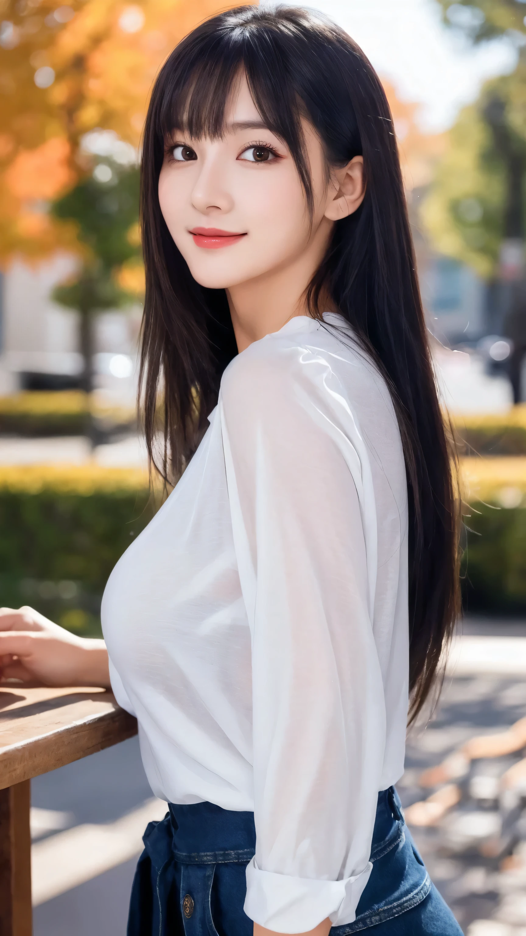 (8k, RAW Photo, Best Quality, Masterpiece:1.2), table top, Ultra Detail, Super Resolution, (Realistic, Realistic Photo:1.37), Portrait, High Detail RAW Color Photo, Professional Photo, Extremely Detailed and Beautiful, Extremely detailed, 8k wallpaper, amazing and detailed, huge file size, official art, highly detailed CG unity 8k wallpaper, highly detailed beautiful girl, highly detailed face, highly detailed eyes, highly detailed skin, highly detailed fingers, highly detailed nose, very detailed detailed mouth , perfect anatomy, highly detailed background, highly detailed clothes, (1 girl),（1 girl), cute girl, realistic body, fair skin, glowing skin , slim body, handsome body, black hair , semilong hair, (blunt bangs:1.2), smile, cute, youthful, cute face, realistic face, delicate eyes, drooping eyes, looking at viewer, facing front, standing posture, Contraposto, (large breasts), (Perfect Body Proportions), (slender Body Proportions), super sexy pose,  (early fall fashion), 