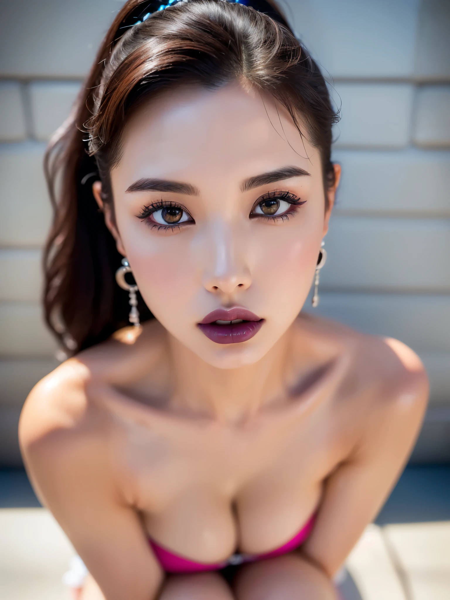 (UHigh resolution, retina, masterpiece, Accurate, Anatomically correct, Textured skin, Super Detail, Attention to detail, high quality, 最high quality, High resolution, 1080P, High resolution, 4K, 8k, 16k), (美しいAttention to detail目, Beautiful lip detail, Highly detailed eyes and face), Soft lighting, Physically Based Rendering, Vibrant colors,((((最high quality、masterpiece, 高精細CG8kイラスト, Graffiti art, Center Configuration, Highly detailed lights and shadows, wall, Highly detailed face and eyes,masterpiece, 最high quality, Alone, One girl, Glowing Skin, Earrings, Splendid, Whimsical details, Slicked back hair, Fascinating, Bare shoulders,Goth Fashion, Shallow depth of field, Contrasting, Professional Model, frontを向く、front, Portraiture , Left detailed pupil,Right symmetrical pupil,Detailed hands,Wavy Hair))), (Glowing Skin), (Wide-angle),(Alone),  (Urzan-6500:0.33)、Outdoor、(((whole bodyショット,Gorgeous legs,whole body,whole body,whole body)))