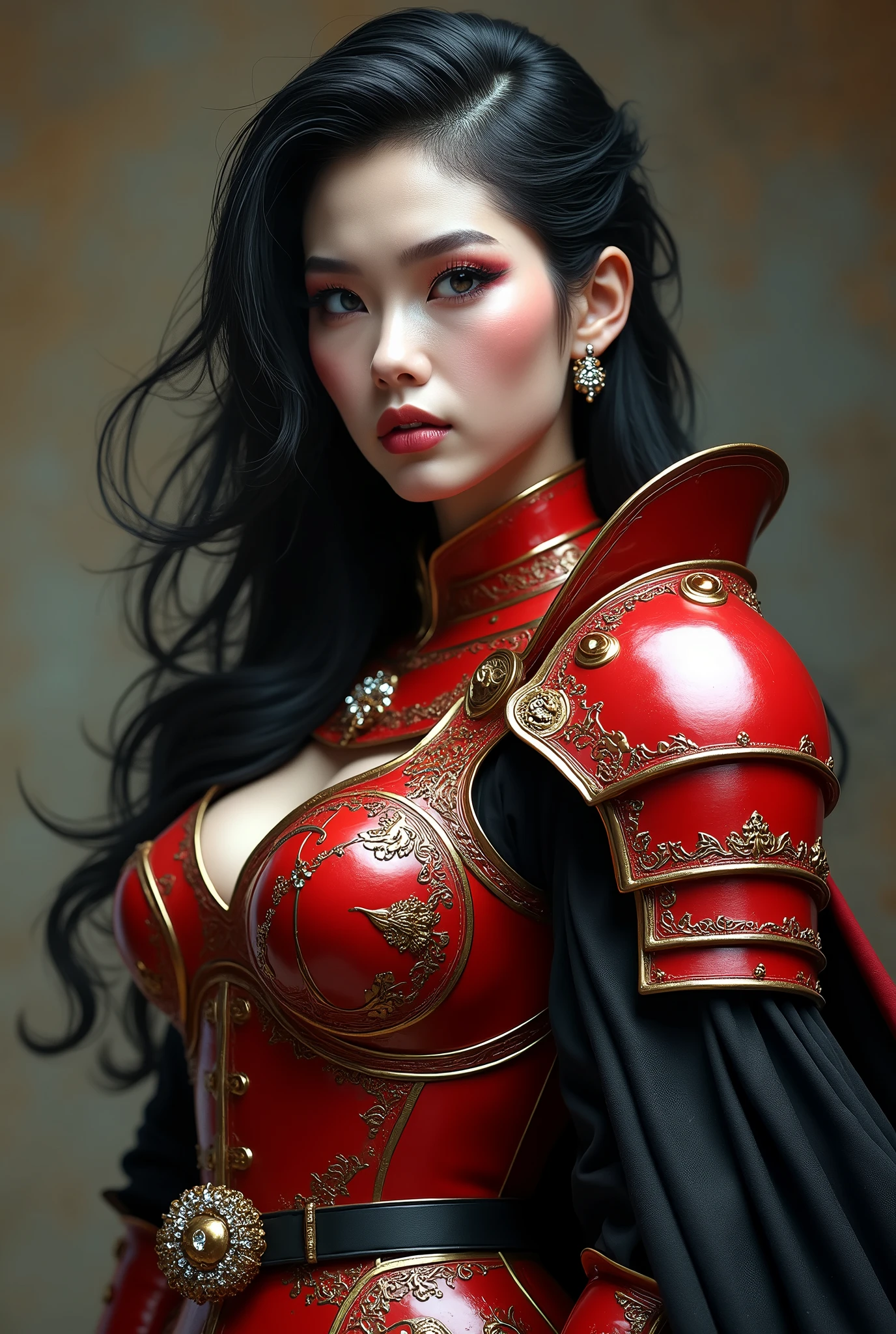 photo, portrait, intimidating Woman [a cursed prince], [scifi:fantasy:0.6] cinematic Lighting, red dress