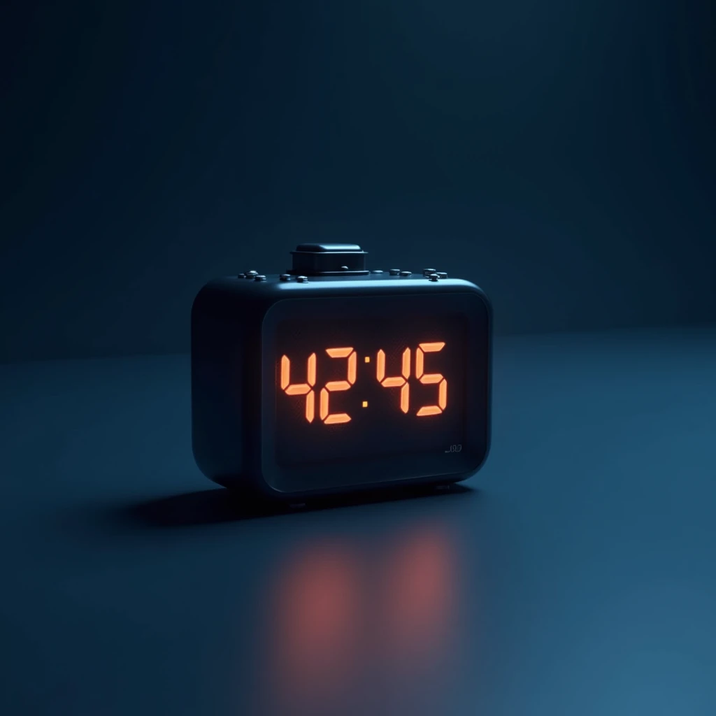 A small alarm clock representing forty-five minutes,Be tech-savvy,Glowing lines,The background should be blue and black,Clean background,Beautiful light and shadow