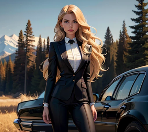 Portrait of european woman with (long straight blonde hair), wearing a (black business suit, black formal boots) standing near ((Buick Roadmaster 96)), Badlands background with dead trees. super high quality, super high detail, masterpiece, 4k, 8k, HDR, masters of the universe, masterpiece, best quality, anatomically accurate, detailed face, pretty face, extremely detailed face, ((((1girl)))), (long hair), (long legs), 