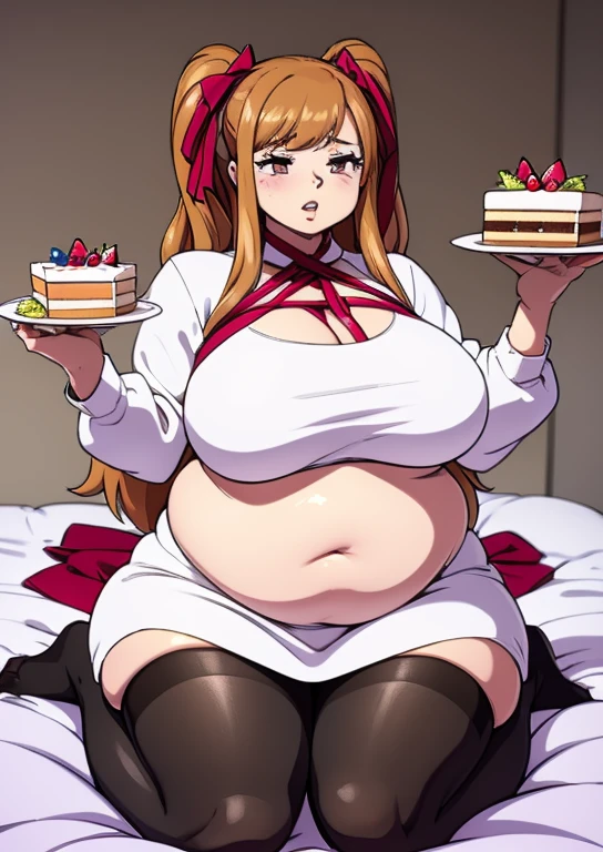 (masterpiece, best quality), 1girls, big belly, blurry background, huge belly, art by kipteitei, round belly, chubby, curvy, long hair double ponytails, brownhair, white dress, thighhighs, simple_background, gradient_background, belly bursting out of dress ,(((white short dress))), long sleeves, enormous belly, fat belly, thicc, bigger belly, really big belly, jiggly belly, giant huge belly, big enormous belly, ((((gigantic belly)))), bloated belly, fat belly, ginormous big belly, expanding big belly, sfw, safe for work, kneeling on bed, sfw (safe for work),Charolette pudding, (((a person out of frame is feeding her cake, cake is being shoveled into her mouth, her lips are closed around a slice of cake, a platter of cake, she has her mouth open wide f))), sweating, blushing, (mouth open wide, she is saying aaah), ((her belly is being grabbed and played with by floating hands)), ((her belly has a red ribbon wrapped around it, the ribbon has a bow in the center))