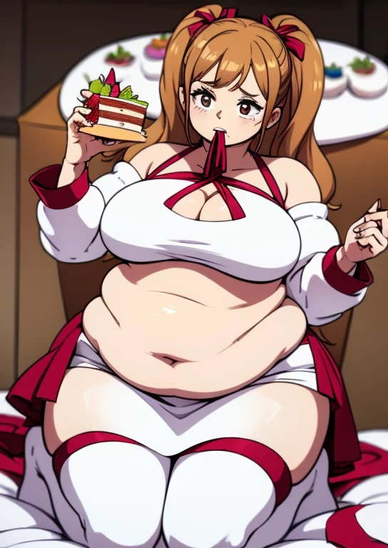 (masterpiece, best quality), 1girls, big belly, blurry background, huge belly, art by kipteitei, round belly, chubby, curvy, long hair double ponytails, brownhair, white dress, thighhighs, simple_background, gradient_background, belly bursting out of dress ,(((white short dress))), long sleeves, enormous belly, fat belly, thicc, bigger belly, really big belly, jiggly belly, giant huge belly, big enormous belly, ((((gigantic belly)))), bloated belly, fat belly, ginormous big belly, expanding big belly, sfw, safe for work, kneeling on bed, sfw (safe for work),Charolette pudding, (((a person out of frame is feeding her cake, cake is being shoveled into her mouth, her lips are closed around a slice of cake, a platter of cake, she has her mouth open wide f))), sweating, blushing, (mouth open wide, she is saying aaah), ((her belly is being grabbed and played with by floating hands)), ((her belly has a red ribbon wrapped around it, the ribbon has a bow in the center))