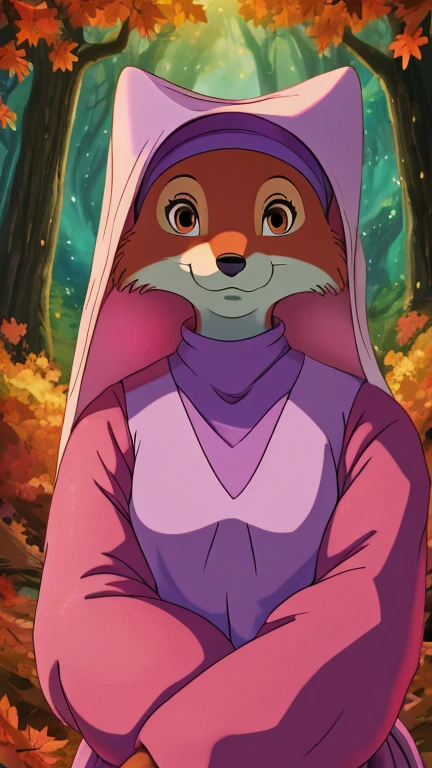 (girl, solo, fox), highly insanely detailed, masterpiece, top quality, best quality, highres, 4k, 8k, RAW photo),((innocent look)),((ghibli style)),From the front, symmetrical composition,smile,cute,Innocent,Kind eyes,Flat chest,digital art Style, forest, autumn, (maidmarian),front view, orange eyes, 