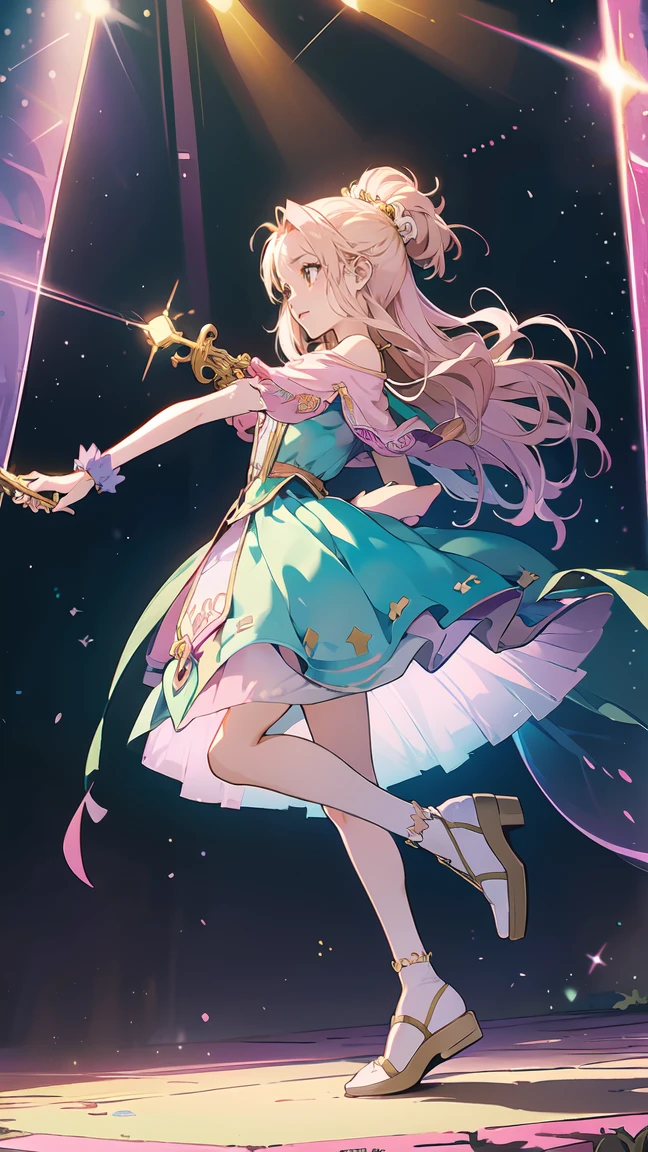 "Anime style digital fanart, set in a fantasy RPG setting, with a young bard as the main character. The girl is in a full body pose, front view, Emanating a combination of elegance and tenderness characteristic of the kawaii style. Wear a fluid and vibrant outfit, decorated with magical and musical symbols that glow softly, highlighting its connection with music and magic. Her long, wavy hair has pastel shades that reflect her cheerful personality.. The focal point of your outfit is your shoes.: delicate transparent crystal slippers with small heels, which give it an ethereal and fairy-tale appearance. The sneakers shine like glass, adding to the magical atmosphere of the stage. In one hand he holds a lute, ready to play a melody or cast a spell. Her large, expressive eyes convey confidence., as if he were about to perform a magic performance. The style mixes kawaii elements with traditional anime fantasy.."