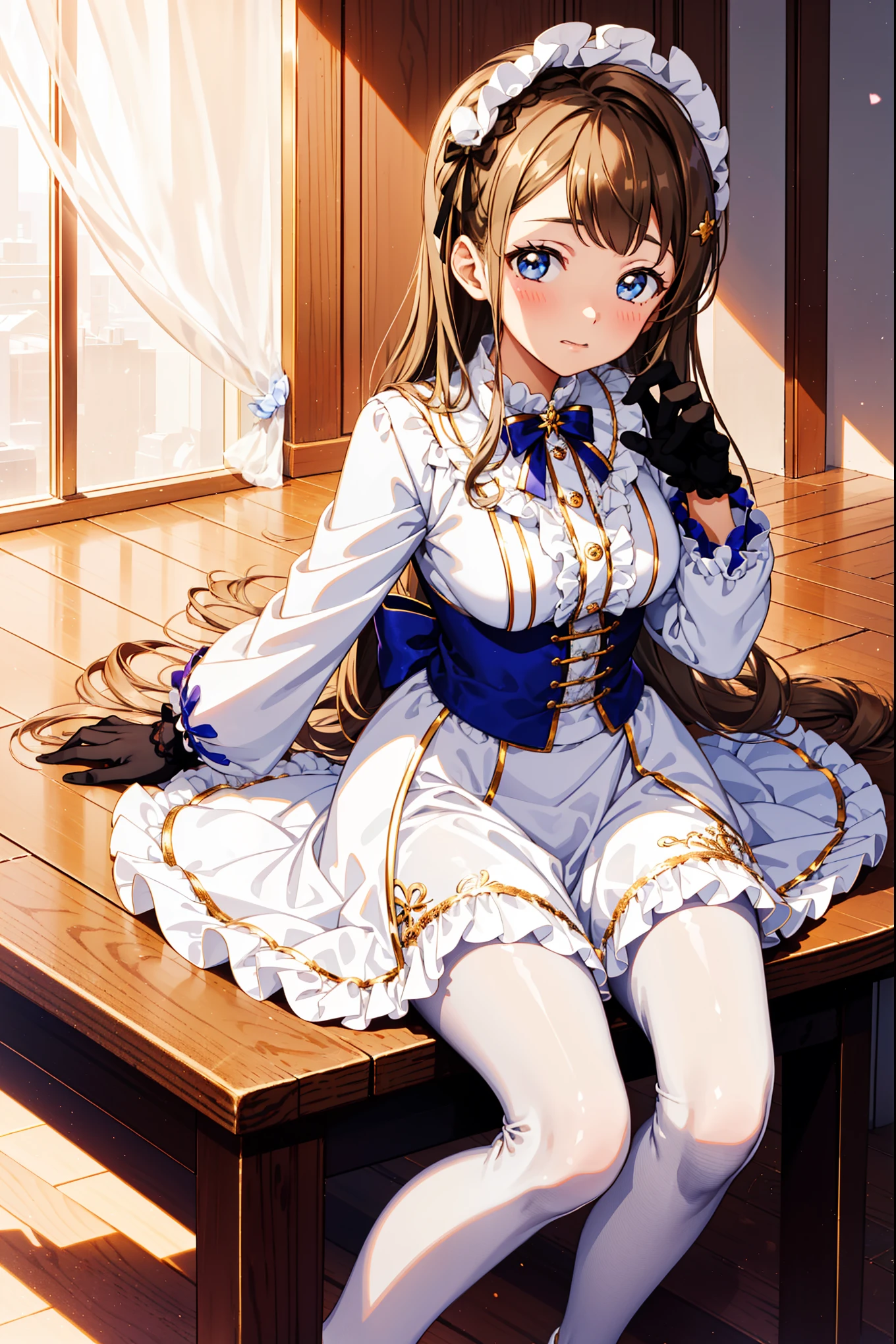 teens girl，seductiv，having fun，Being in love，(Girl wearing white modern shirt and tunic with pantyhose:1.2)，(Black ruffled bow gloves)，whaite hair</input></xml>，Sacred headdress，Transparent lace，exquisite costumes，solo person，European style bedroom，(natta:1.1)，Delicate and beautiful face，Play with dolls