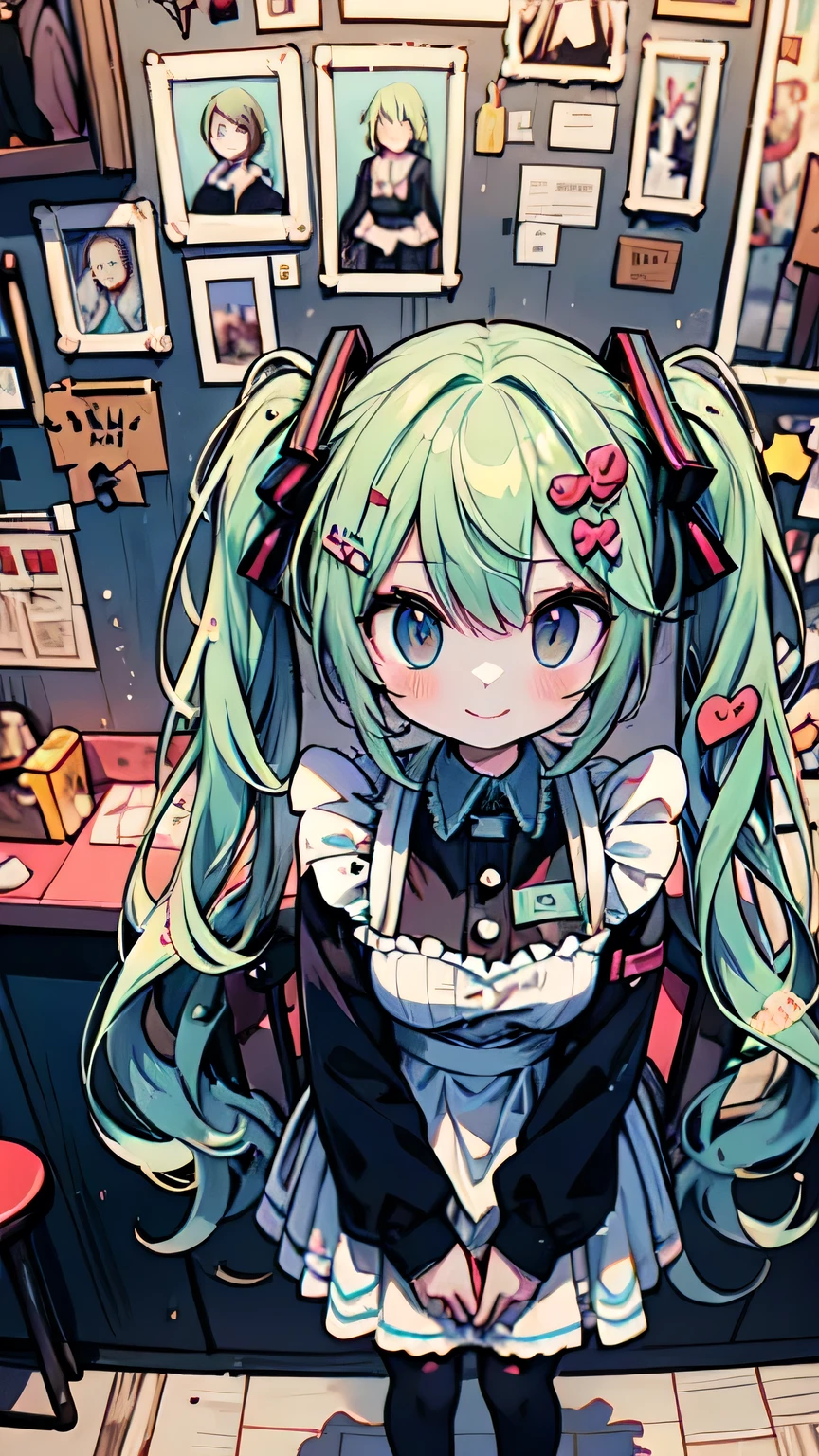 Anime girl with long green hair and a blue dress standing in a room ...