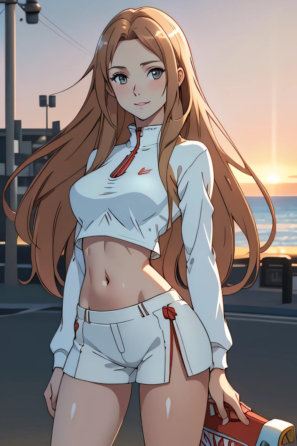 a girl, , wearing a red jacket open  and a very short white shirt, showing a little,  wearing red shorts, looking at us with a sparkling look . detailed image, high 4k resolutions 