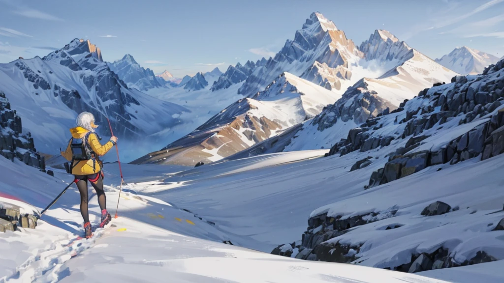 Climbers are in trouble when the weather suddenly turns bad.
A woman leading the way finds a mountain hut and encourages other climbers, saying, "Be patient!''
The woman points to the mountain hut,
bad weather,
You can see a mountain hut with lights in the distance.
A slightly open mountain trail,
autumn colored mountains,
The woman is wearing full climbing gear and a yellow rain jacket.