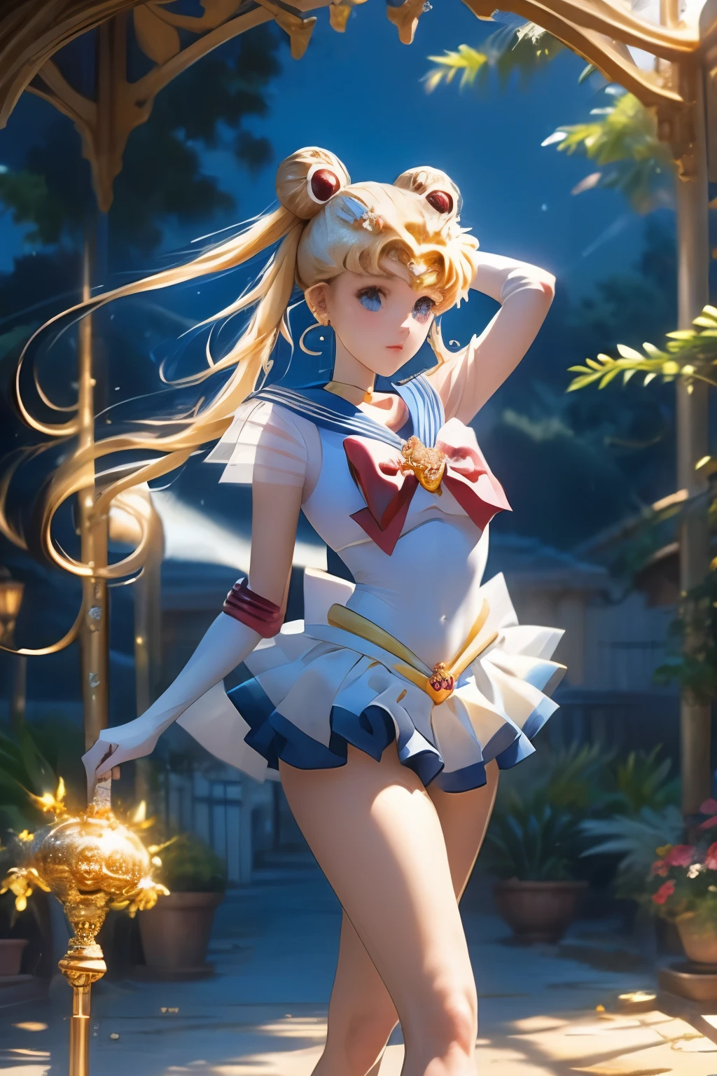 （（（Highest quality、masterpiece、Normal body、8k、Detailed face、Ultra-precision、Normal hand、Normal finger、５This finger、Highest）））、beautiful girl、Slender、Sailor Moon、Sailor Warriors、Leotard Sailor Suit、White high leg leotard、White, blue and yellow ilver ribbon on chest、Circlet、Yellow Hair、Long Hair、Twin tails、Bun Head、Tsukino Usagi、スーパーSailor Moon、Cornered、Exposed Skin（（Torn leotard、Torn leotard、Tattered Costume、Torn Skirt、Ripped chest））、Damaged clothes, full of scratches、heavy rain、soaked、Wet and see-through、Sheer leotard、During combat、Combat Ready、Battle pose、Carrying a walking stick、Holds a crescent-shaped stick、Unleash a special move、Hold your walking stick、Shoots a beam from a wand、Full body view