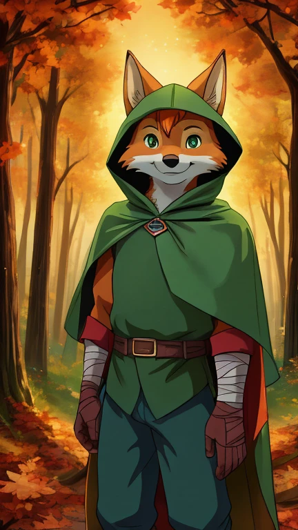 (1boy, solo, fox), highly insanely detailed, masterpiece, top quality, best quality, highres, 4k, 8k, RAW photo),((innocent look)),((ghibli style)),From the front, symmetrical composition,smile,cute,Innocent,Kind eyes,Flat chest,digital art Style, forest, autumn, (robin hood \(fate\)),front view, bandaged arm, bandaged leg, bandages, cape, cloak, collared cape, floating cape, gloves, green cape, green eyes, green pants, green theme, orange hair, hair over one eye, hood, hood down, hooded cape, hooded cloak, looking at viewer, male focus, orange hair, pants,, plantred cloak, short hair,