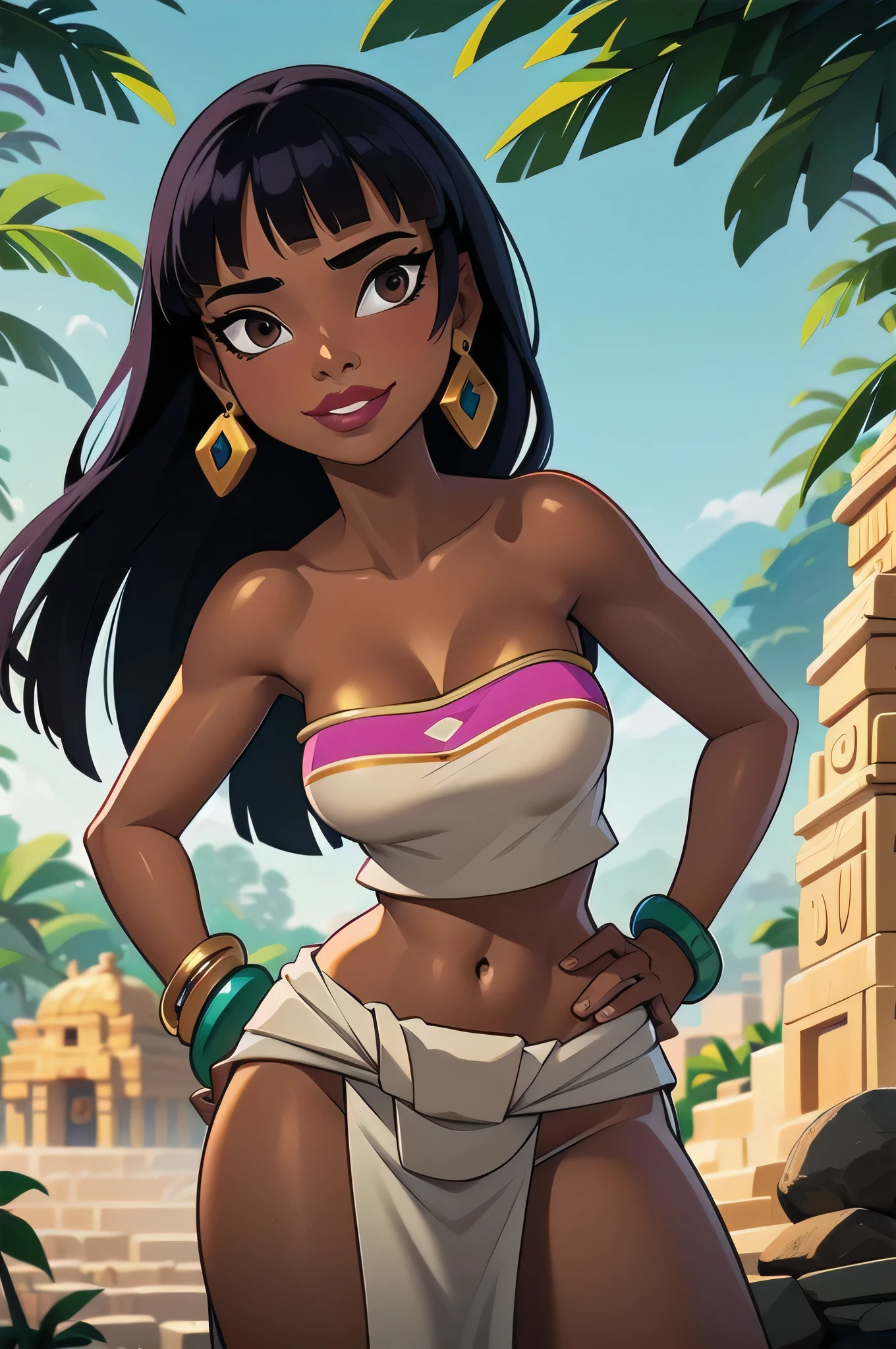 (masterpiece, best quality:1.3), 1girl, solo, chel_eldorado, black hair, long hair, blunt bangs, brown eyes, dark skin, lipstick, (Wearing: tube top, loincloth, emerald bracelet's and golden earrings:1.2), collarbone, bare shoulders, medium breasts, cleavage, midriff, wide hips, (Background: Outdoors, view of the rainforest, Inca temples in the surroundings), detailed background, detailed face, detailed eyes, hands on hips, looking at viewer, she's looking at the camera with a flirtatious smile
