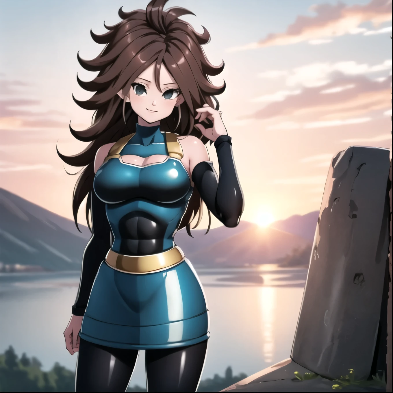 Android 21, smile, black hair, wearing Saiyan armor, black Saiyan armor, black bodysuit, black pantyhose, black skirt, gine outfit but black, cosplay, mountain background, sunset
