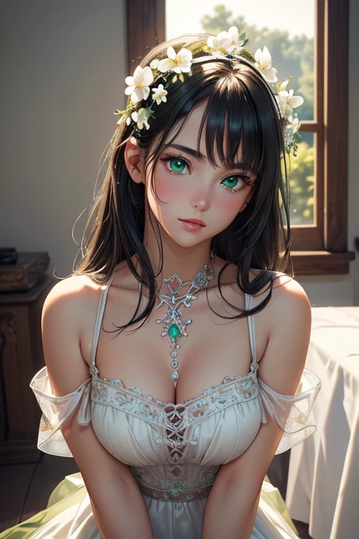 (best quality, 4K, 8K, high resolution, masterpiece: 1.2), ultra-detailed, (realistic, photorealistic: 1.37), 1  girl, (pretty face: 1.3), , wearing little white dress, (little transparent white dress), (cowboy photo), pretty room, (messy hair, black hair: 1.2), (beautiful and detailed green eyes: 1.3), shy face, blush, (Cute and detailed face with perfect symmetry), authentic skin texture, organic skin, glowing skin, Realism, (Perfect body beauty: 1.4), high details, cinematic lighting, vivid colors, masterpiece, best quality, high resolution, lots of details, accurate illustration in every detail, ultra sharp, high resolution and depth of field