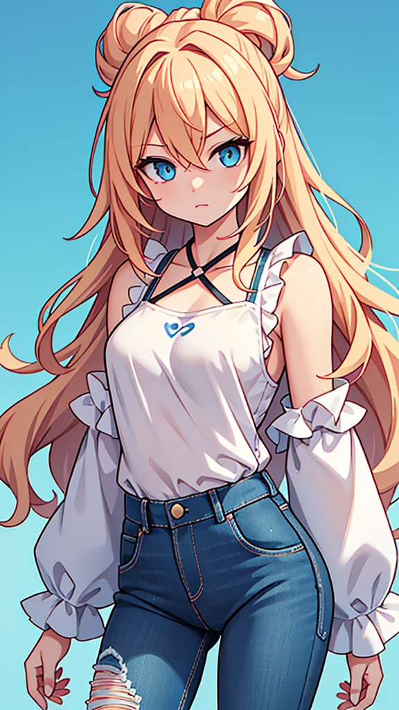 A 3D anime-style character is depicted with a pink-to-blonde gradient hairstyle. Her medium-length hair is wavy and flows gently, adding a sense of motion. She has large, expressive blue eyes, with her skin appearing fair. The character is dressed in a sleeveless white top adorned with ruffles along the neckline and waist. A delicate lace-up detail is present on the top, enhancing the feminine style. She is also wearing light blue jeans that are slightly distressed, adding a casual, trendy look. A small heart tattoo is visible on her lower abdomen, contributing to her playful yet fashionable appearance. She stands against a vibrant green background, with her posture leaning slightly forward, exuding a friendly and approachable aura. The overall style is light, modern, and stylish, with soft color contrasts between her outfit, hair, and the background.