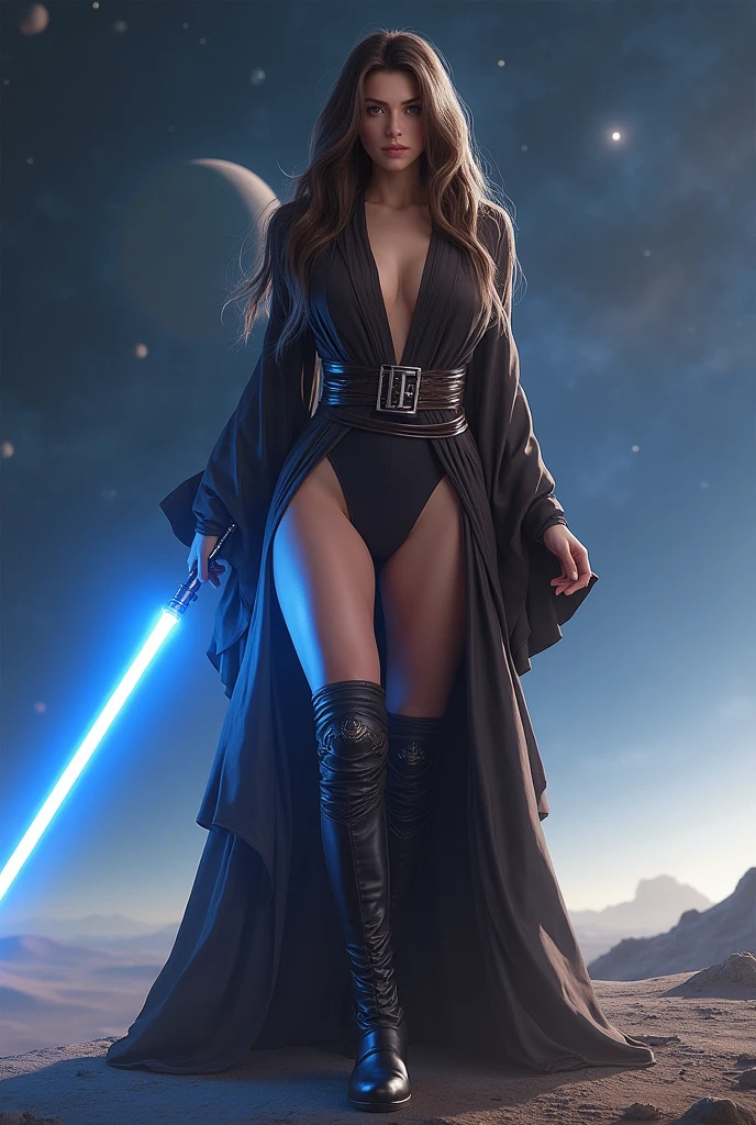 "Star Wars" scene, nude Jedi woman, crouching, raised butt, lascivious, uses her blue laser sword, (UHD, 8K, maximum resolution, ultra detailed), masterpiece, highly detailed, full body