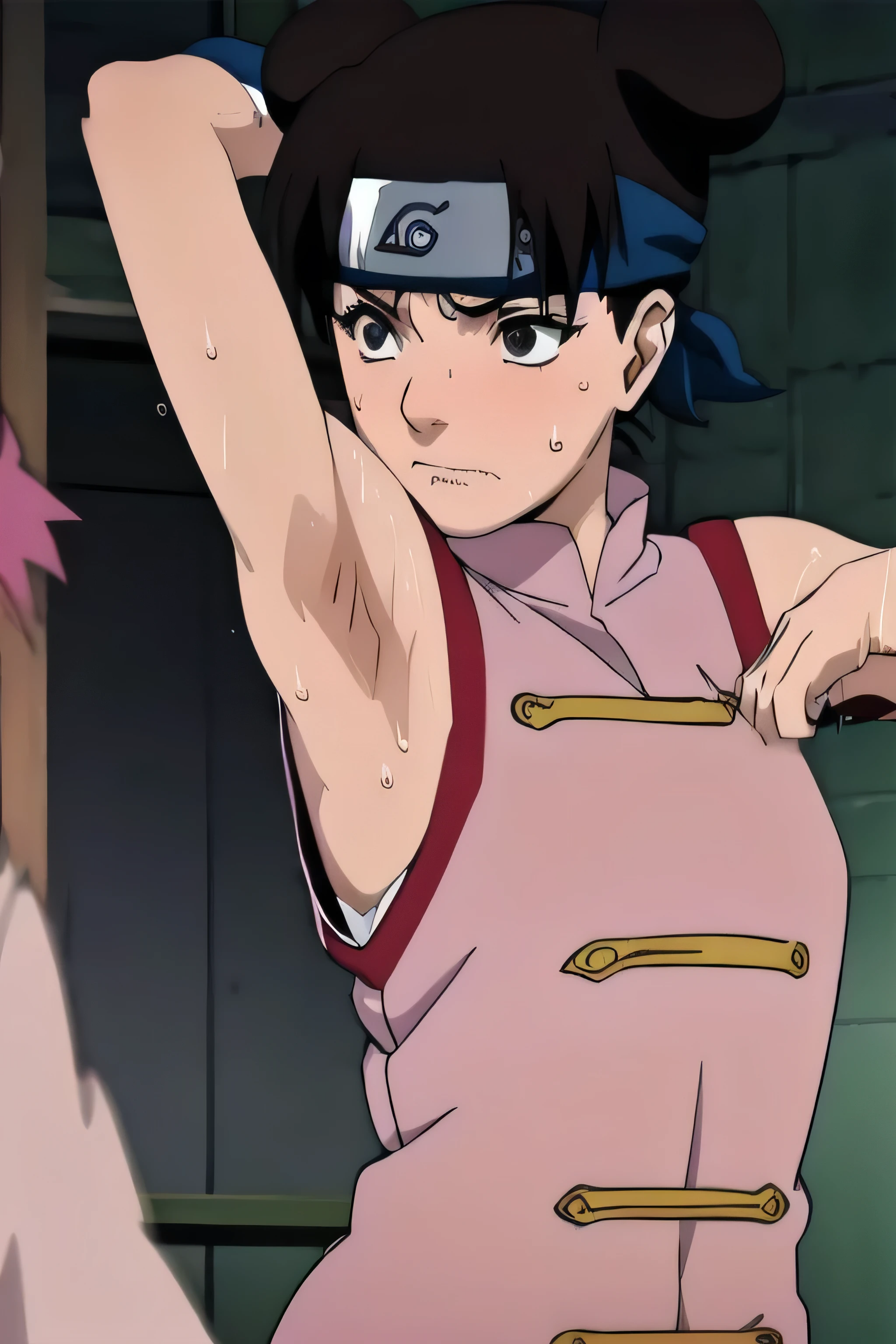 Tenten,solo,armpits,wet armpits, showing wet armpits, armpit,armpits,sweat,sweaty,sweaty armpits,awesome armpits,tired,exhausted,arms up,arm warmers,sleeveless, moderately sized breasts