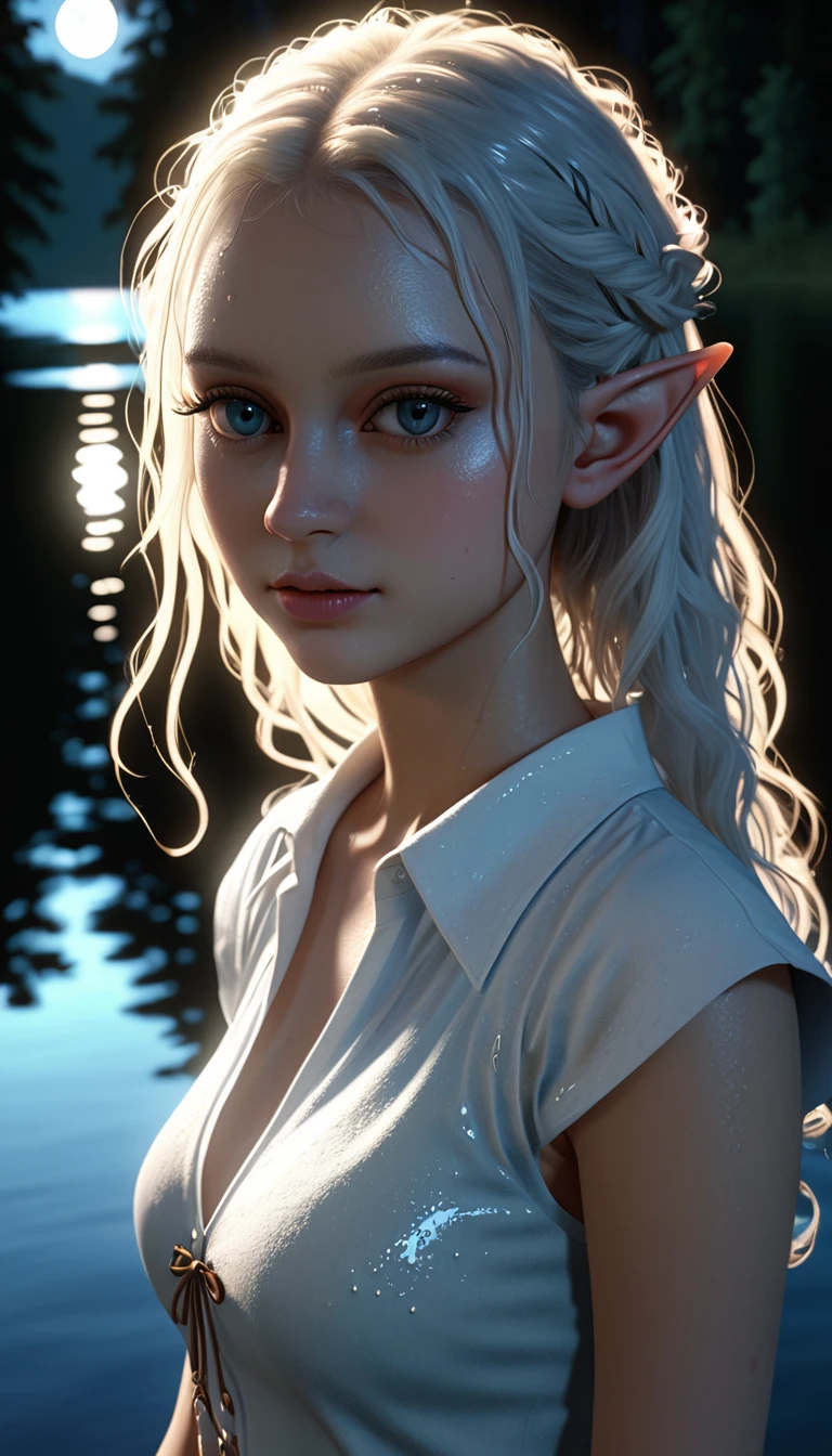 beautiful elf，Beautiful，moonlight，lake water，wet，transparent，Real light and shadow contrast，Realistic ray tracing，True light falloff，anti-aesthetic style，Poodlepunk，Snapshot aesthetic style 