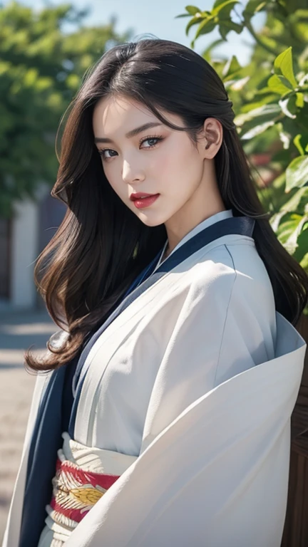 High resolution、masterpiece、Textured skin、high quality、Ultra high definition、Very detailed、woman、Center parted wavy hair、Looking at the camera、Large Breasts、Perfect Style、Long legs、castle town、Mainly black kimono、Summer blue sky、Background blur, far and near method, 