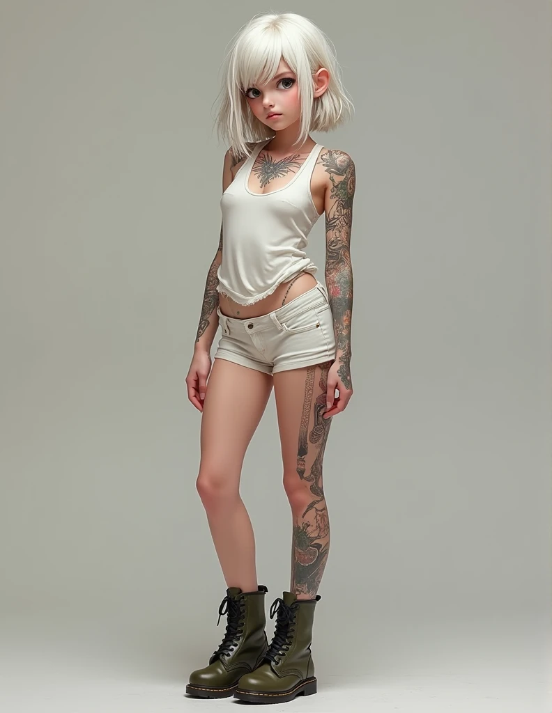 (photorealistic,hot albino punk chick:1.1,age 27,seductive,pale,slim fit figure,small-sized breasts,luxourios short edgy haircut,choker,shredded clothes,thin crop top,short pants,tattoos,modern living room,straddle,)