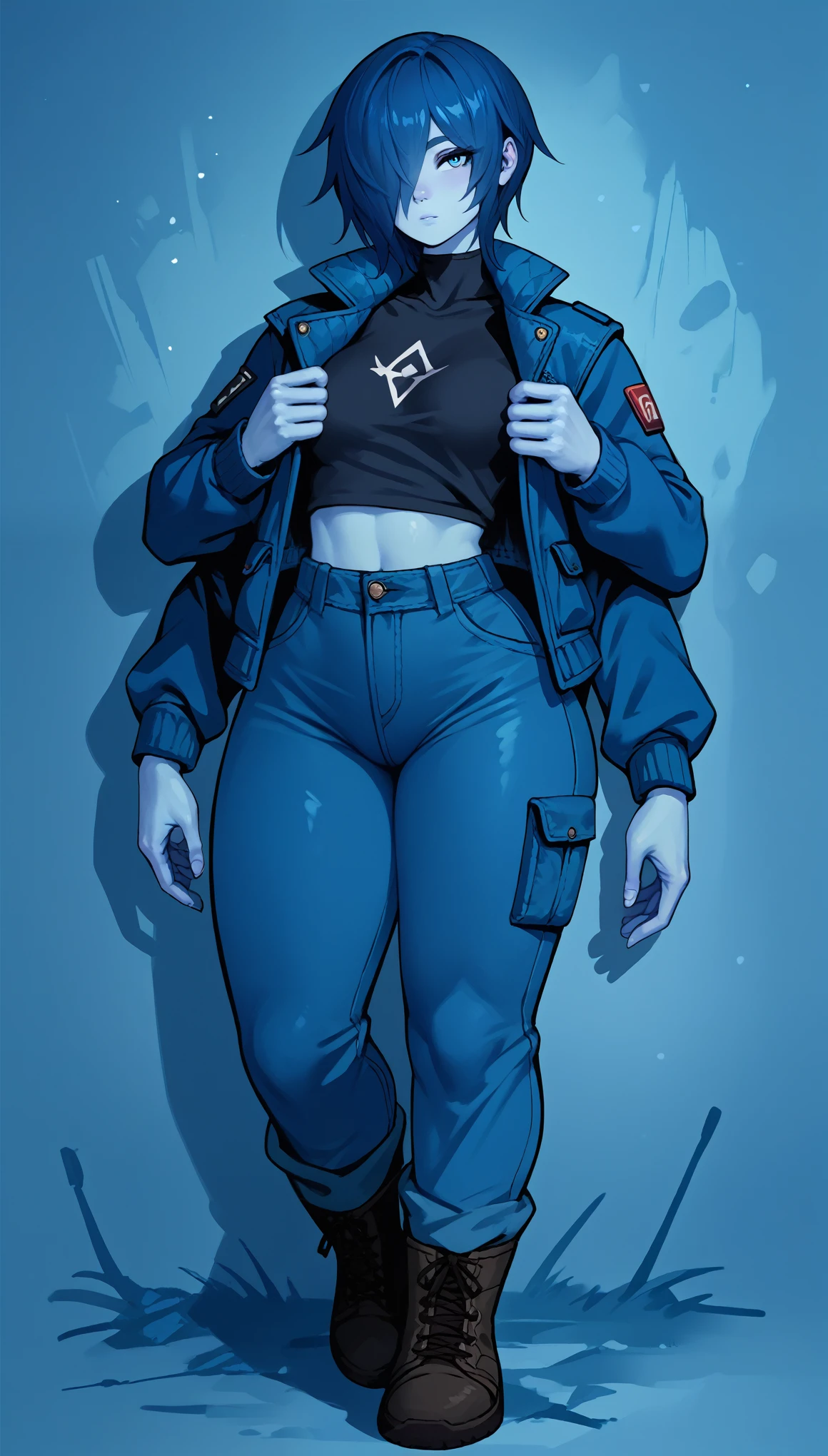 (zPDXL2), (PonyXLV6_Scores), source_anime, Expressiveh, solo, four-quarter portrait, BREAK
1girl, (two arm pairs, extra arms), short spiky hair, blue hair, hair covering one eye, blue eyes, (blue skin, blue hands, blue body), wearing fantasy \(jacket, shirt, cargo pants, boots, underwear\), medium breasts, tiny waist, big ass, thick thighs, skinny, thigh gap