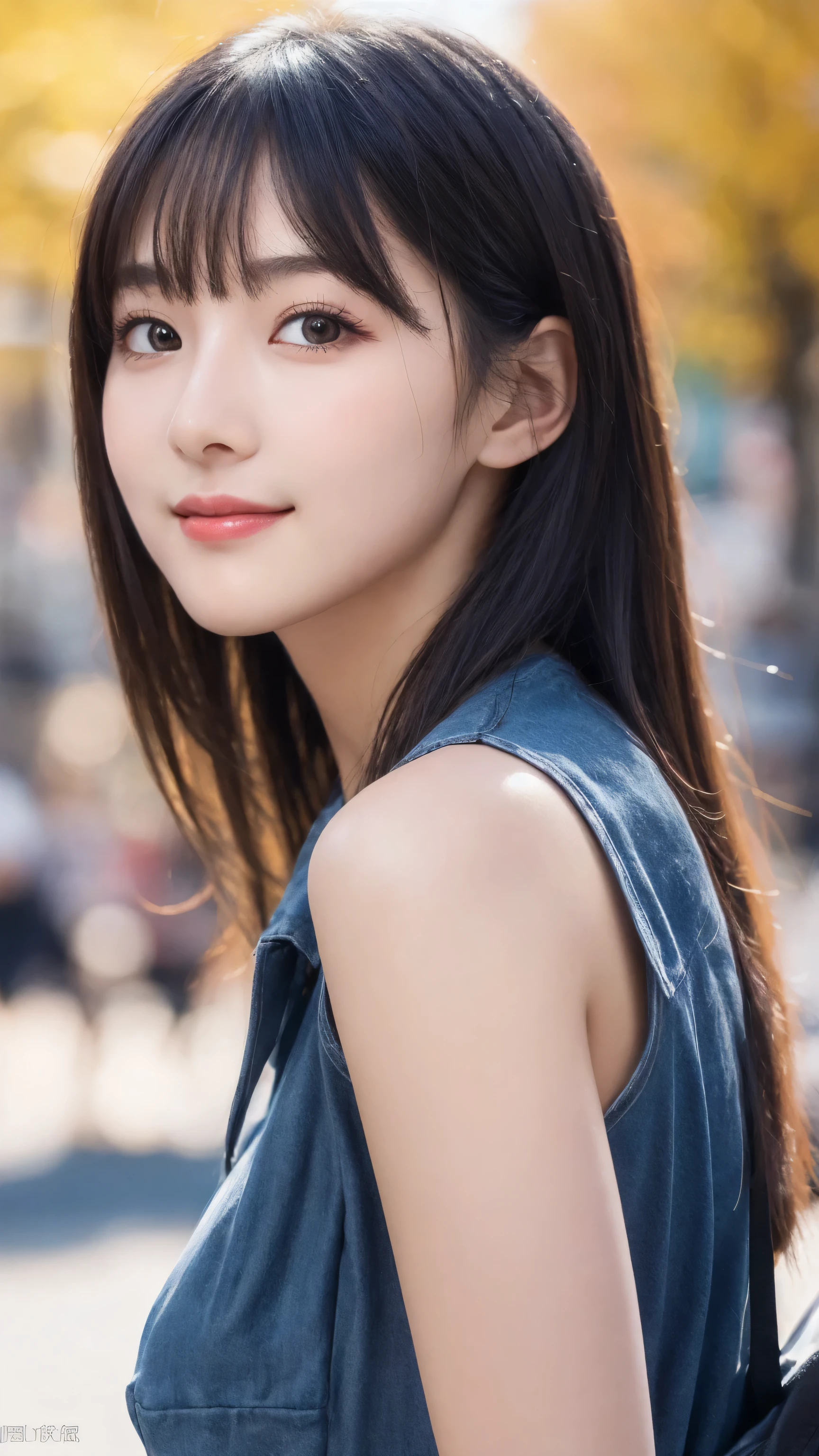 A woman with long hair and a blue shirt posing for a picture - SeaArt AI
