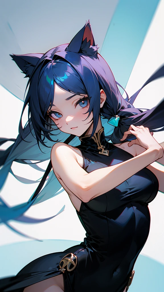 young woman, straight hair, black hair, flat chest, blue right eye, grey left eye, pointy ears, low cut black dress