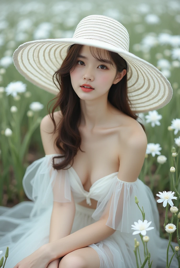 (best quality, masterpiece, perfect face) black hair, 18 years old pale girl, big bust, white sundress, H-cup, big white hat