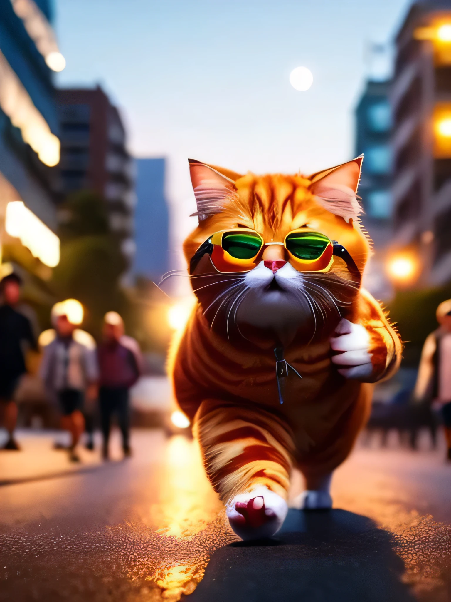 no humans, animal focus, hood, blur, outdoor on the street, animals, gang of cats, hoodie, baseball bat, sunglasses, walking, realistic, whiskers, blurred background, photo background,moon night