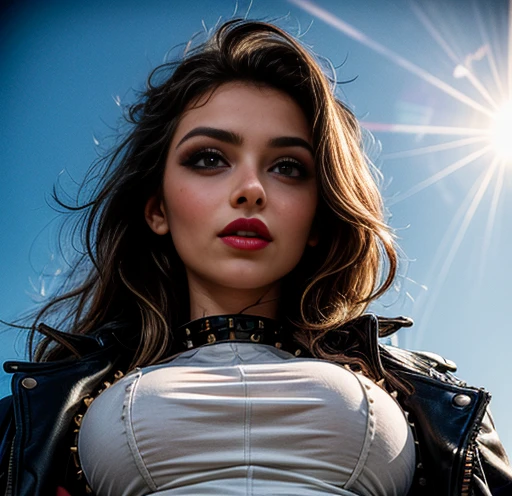 (masterpiece, photorealistic:1.4, extremely intricate:1.3, radiosity, photon mapping, dtx), ((20 year old athletic supermodel, ((25 years old), serious, long eyelashes, makeup:1.2), black leather coat, white t-shirt, ((from below)), red lips)), ((([skin detail:freckles:0.5], portrait))), outdoor, Motorcycle, faraway motorcycle, professional photograph, (((long curly [blonde hair:rainbow colored hair:0.1])), wind), BREAK ((intense sunlight, ((film grain))), bokeh), BREAK, ((([small breasts:medium  breasts:0.3])))