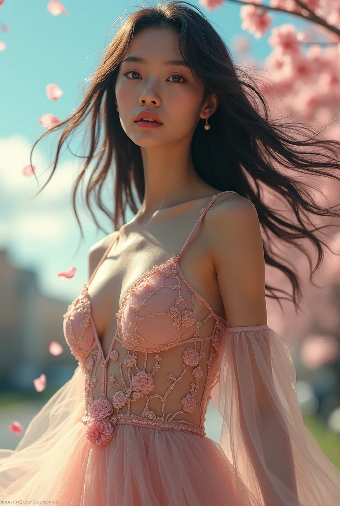 Professional model fair skin posing in a fashion photoshoot、This is a super realistic photo. She is completely wrapped in a transparent film, Under the film there are many flowers covering the skin. The shot is a mid-body shot.