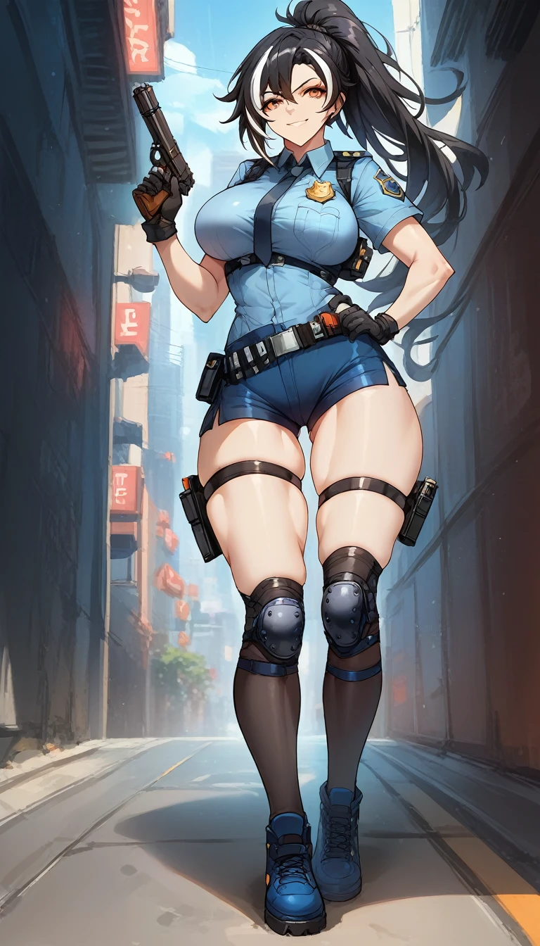 ultra-detailed, 1girl, zhu yuan, Zenless Zone Zero, (best quality), ((masterpiece)), (highres), 16K, orange eyes, perfect face, long hair, black hair, ponytail, streaked hair, wearing police uniform, wearing bootyshorts, two-tone vest, thigh straps, knee pads, holster, black gloves, belt, black thighhighs, blue footwear, busty body, large breasts and a beautiful ass, showcasing cleavage, legs, hips, gun, holding gun, looking at viewer, smile, detailed full body, thigh details, city background