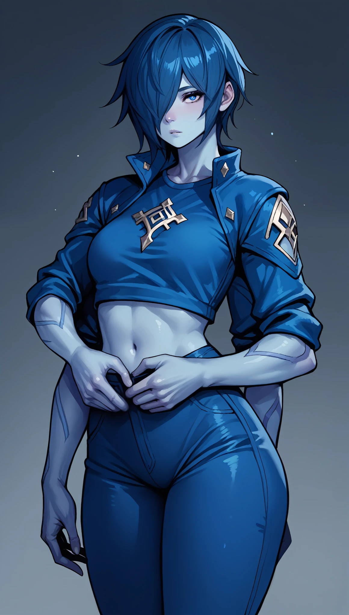 (zPDXL2), (PonyXLV6_Scores), source_anime, Expressiveh, solo, four-quarter portrait, BREAK
1girl, (two arm pairs, extra arms), short spiky hair, blue hair, hair covering one eye, blue eyes, (blue skin, blue hands, blue body), wearing \(fantasy jacket, fantasy shirt, fantasy pants, fantasy boots, underwear\), medium breasts, tiny waist, big ass, thick thighs, skinny, thigh gap