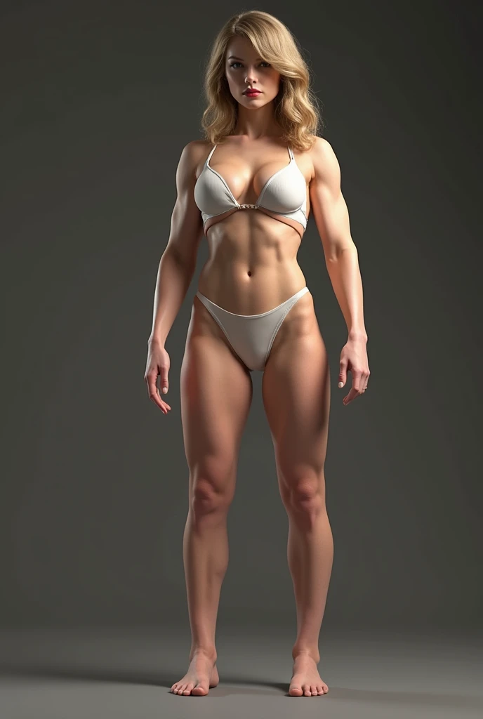 buff Norwegian blonde woman, in white bra and white high cut panties, photo realistic, intricate details